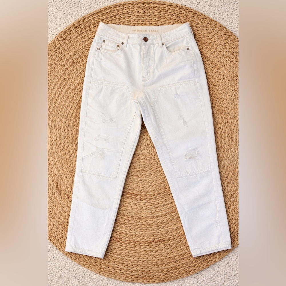 American Eagle High Rise Tomgirl Jeans White 100% Cotton Distressed Size 14